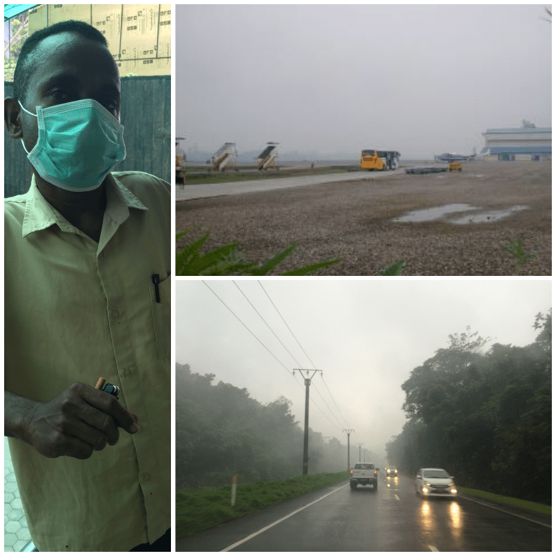 Searah jarum jam: Rudi Wantik, warga Timika (Jumat, 16 Oktober 2015), dengan maskernya, Suasana Bandara Mozes Kilangin Timika, Kuala Kencana. (Minggu 18 Oktober 2015)